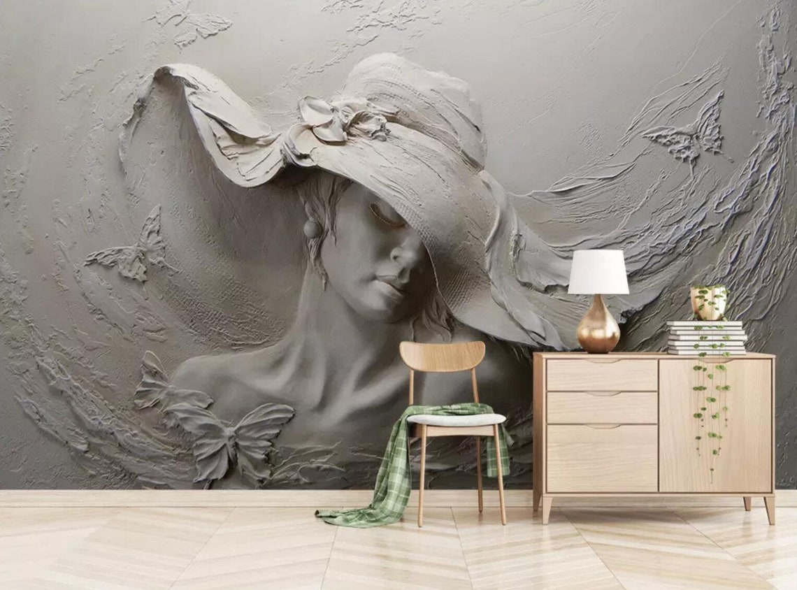 kabartma efektli kadın tablo 3d duvar kağıdı